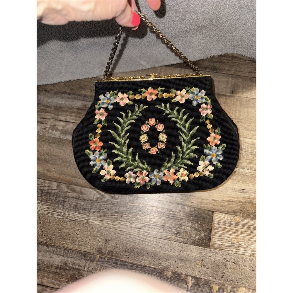 Vintage Large women Handbag Purse Bag cross stitch embroidery Flower Black - Picture 3 of 7